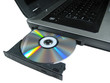 dvd rom on a laptop opened to show disc. isolated.
