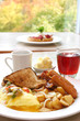 power breakfast - eggs, sausages, bacon and toast