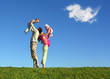 family with two children and cloud