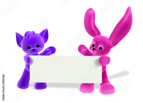 Illustration: kitty and bunny with sign 2 kitty and bunny with sign 2