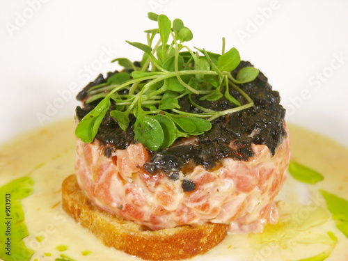 salmon tartar with black truffle puree