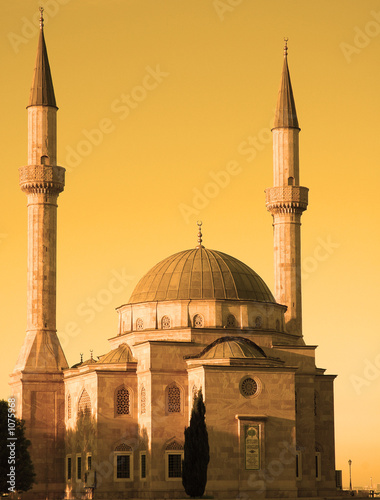 mosque with two minarets in baku, azerbaijan at su