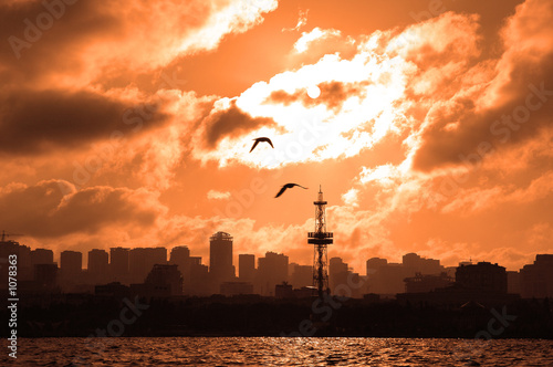 silhouettes of a city at sunset