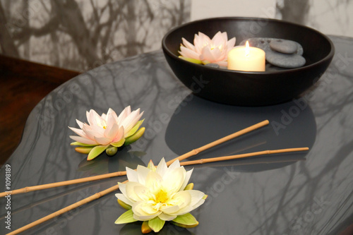 Photo: flowers, bamboo, stones and candle flowers, bamboo, stones and candle