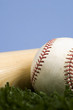 baseball on grass with bat agaist blue sky