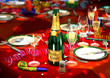 champagne bottle on a red table