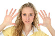 glamorous blonde hands up