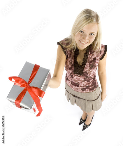 headshot of young blonde woman with gift