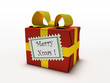 red gift box isolated on white background with label merry xmas