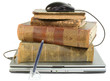 laptop and old books with path laptop and old books with path