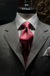 grey jacket with red tie