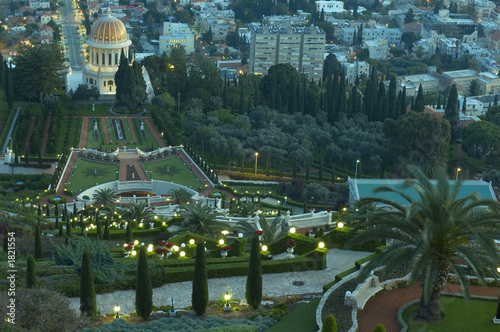 baha'is gardens and  view of haifa city at dawn