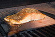 salmon fillet on cedar plank smoke cooking on bbq salmon fillet on cedar plank smoke cooking on bbq