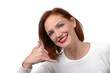woman with phone gesture