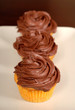 three chocolate frosted cupcakes in a row