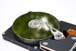 hard disk reflecting green on a white background