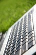 silver laptop keyboard on green grass