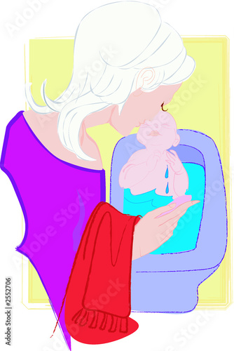 woman bathing baby with love
