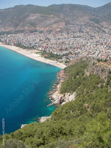 mediterranean sea, beach and mountains at town alanya (country t
