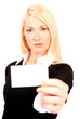 Photo: beautiful blonde business woman holding business card in front o beautiful blonde business woman holding business card in front o