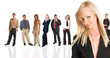 blonde businesswoman standing in front of a busine