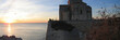 sunset at the talmont church above the sea, france, panorama