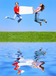 girls jumping with blank sheet