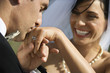 Photo: Groom kissing hand of smiling bride. Groom kissing hand of smiling bride.