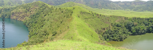 two lakes blue and green between green hills, cameroon, africa,