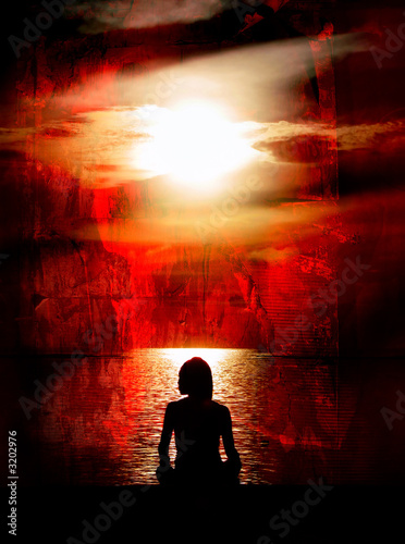 Photo: woman meditating on red grunge background woman meditating on red grunge background