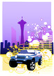 Photo: the machine on a background of evening city the machine on a background of evening city