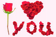 declaration of love with rose petals isolated on white