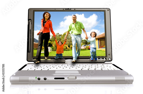 happy family coming out of laptop