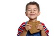 boy with peanut butter sandwich on whole wheat bre