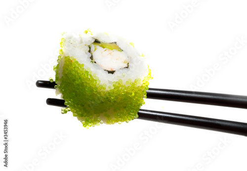 sushi with chopsticks shot on white