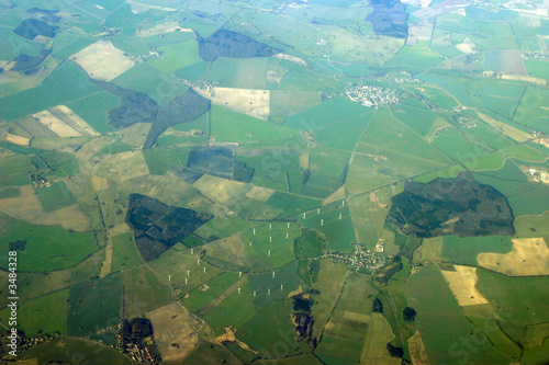 Photo: aerial view - windmills, fields and forests aerial view - windmills, fields and forests