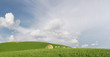 green hills and hay bales