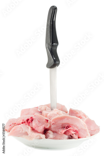 Photo: raw chicken chopped into pieces at the plate with a knife raw chicken chopped into pieces at the plate with a knife