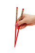 Hand holding chopsticks isolated on the white
