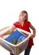 Young girl with laundry basket annoyed