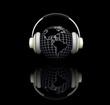 3D render of a globe with headphones on black background