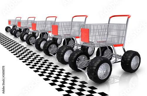 Shopping carts row standing before starting line