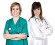 Two doctor women over a white background