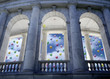 Stately porch and view to sky and many released balloons