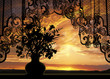 Window view to beautiful sunset with flowers and lace curtain 