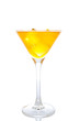 A glass of fresh orange cocktail reflected on white background A glass of fresh orange cocktail reflected on white background