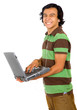 man happy downloading online music for mp3 player 