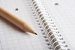 Wooden pencil on spiral bound notebook closeup. Room for text.