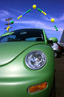Car sale at dealership, green colorful car