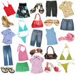 Different female clothes, shoes and accessories.